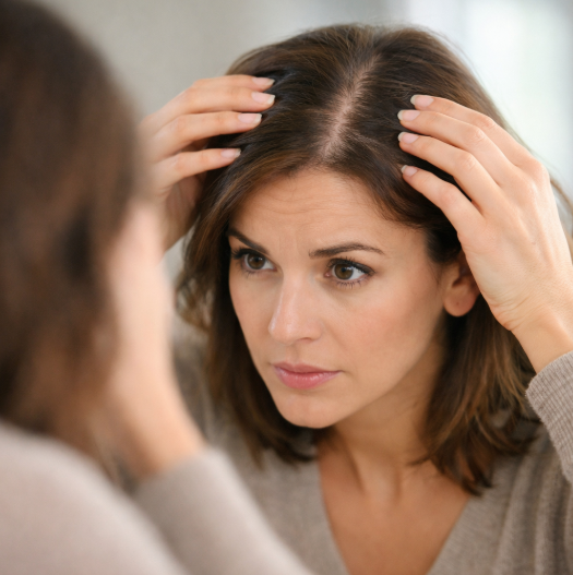 Woman examining hair thinning along part line in mirror with visible scalp