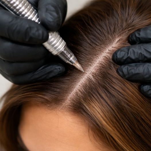 Close-up of scalp micropigmentation treatment creating natural hair density on thinning scalp